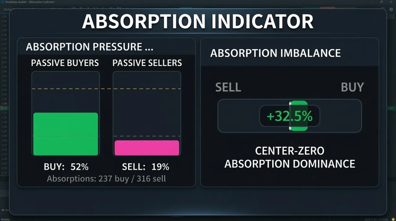 Absorption Indicator showing passive buyer and seller pressure bars and a centre-zero absorption dominance meter reading +32.5%